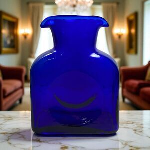 VTG Blenko Glass Cobalt Blue Double Spout 384 Water Bottle Pitcher Vase - 8.5” T